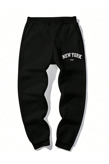 DUBU BUTİK New York 199x Sweatpants Jogger - Μαύρο εμπριμέ λαστιχένιο πόδι ψηλόμεσο