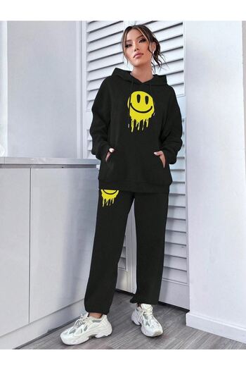 DUBU BUTİK Emoji Eşofman Takımı Sweatshirt Jogger - Siyah Baskılı Oversize Şardonlu Kapüşonlu