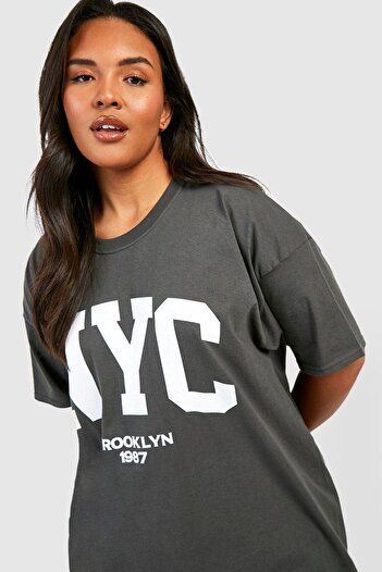 DUBU BUTİK Smoked Oversize Nyc T-shirt - Oversize Printed