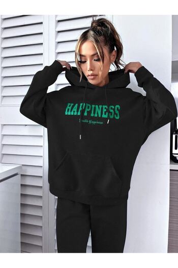 DUBU BUTİK Happiness Eşofman Takımı Sweatshirt Jogger - Siyah Baskılı Oversize Şardonlu Kapüşonlu