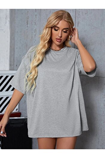 DUBU BUTİK Gri Basic Düz Baskısız Oversize Salas Boyfriend Kadın T-shirt