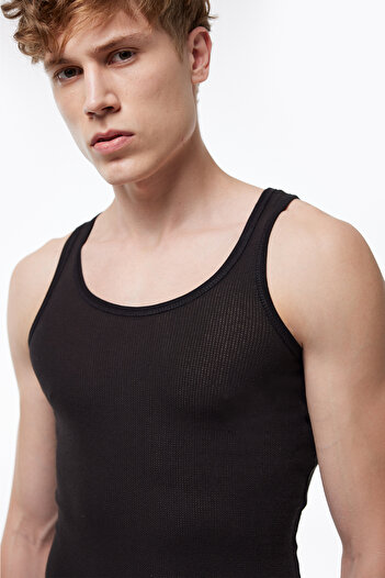 Malabadi Men's Black 100% Cotton Summer Mesh Undershirt 1m081