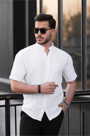 Valiberta White Muslin Fabric High Collar Short Sleeve Shirt