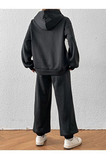 DUBU BUTİK Over Thinking Eşofman Takımı Sweatshirt Jogger -füme Baskılı Oversize Şardonlu Kapüşonlu Lastik Paç