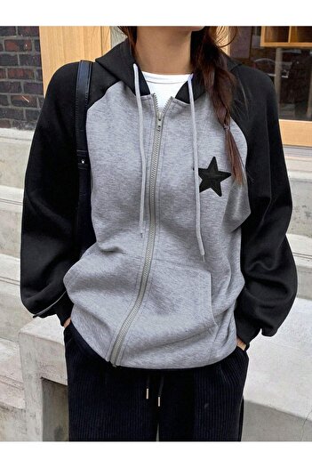 CLAYES Oversize Yıldız Baskılı Gri - Siyah Reglan Kol Hırka