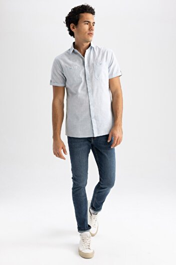 DeFacto Slim Fit Slim Fit Polo Neck Linen Look Short Sleeve Shirt N9073Az23Sm