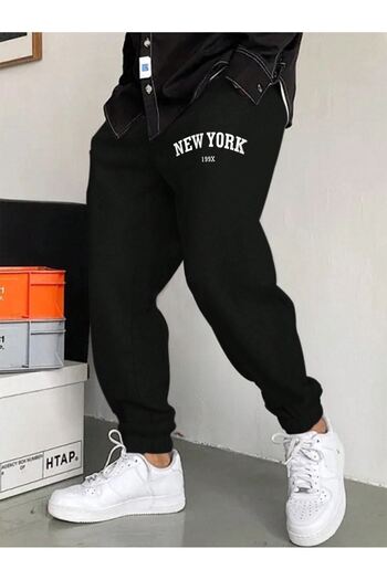DUBU BUTİK New York 199x Sweatpants Jogger - Μαύρο εμπριμέ λαστιχένιο πόδι ψηλόμεσο