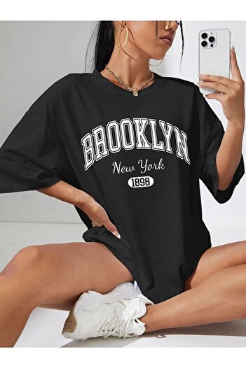 DUBU BUTİK Μαύρο μπλουζάκι Oversize - Oversize Printed