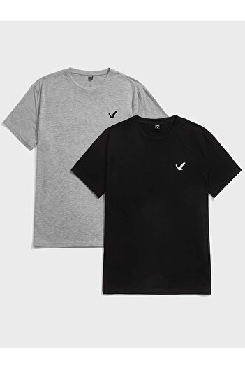 DUBU BUTİK Bird Minimal 2-Piece Multi Combination T-shirt - Gray Black Printed Oversize Crew Neck