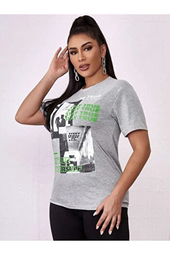 DUBU BUTİK Γκρι Oversize Stay True Printed T-shirt - Oversize Unisex