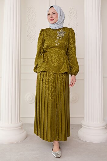 InStyle Leopard Patterned Jacquard Skirt Oil Green Suit