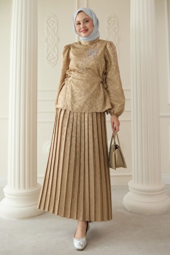InStyle Beige Suit with Leopard Patterned Jacquard Skirt