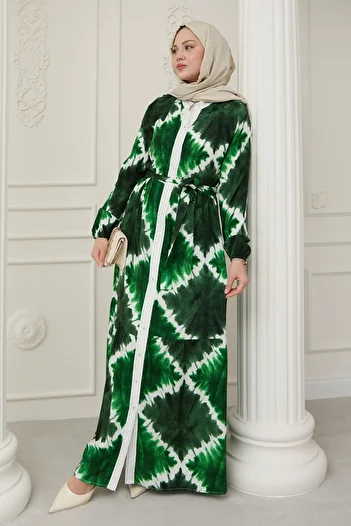 InStyle Marbled Emerald Green Viscose Dress with Punt on the Front