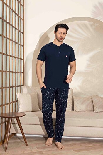 Tarık Men's Navy Blue Triangle Pattern Short Sleeve Combed Cotton Fabric Pajama Set