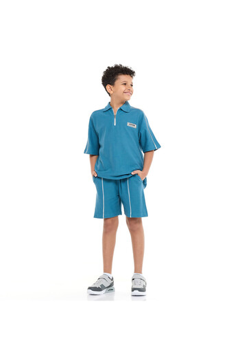 Victor and Jane Boys' Jacquard Set – Teal 2-Piece Outfit with Pockets, Polo T-Shirt With Half  Zipper and Shorts