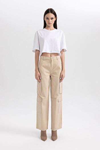 DeFacto Coool Straight Fit Geniş Paça Yüksel Bel Kargo Cepli Gabardin Pantolon B1450ax23au