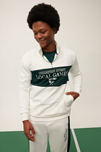 DeFacto Fit Stand Collar Half Zipper Printed Sportsman Sweatshirt A9872Ax23Wn