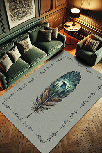 The Reef Design Mavi Gagalı Karga Desenli Halı Kuş Tüyü Desenli Halı Diital Baskılı Kaymaz Halı Puslu Orman Temalı