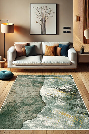 The Reef Design Yeşil Modern Desenli Dokuma Kaymaz Tabanlı Çatlak Desenli Yıkanabilir Halı Genç Odası Halısı