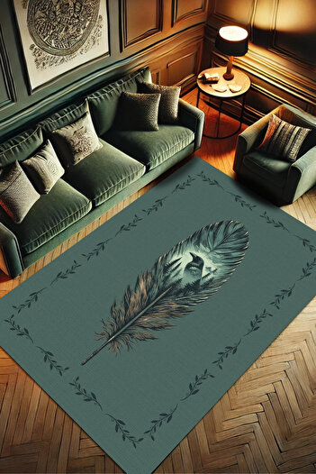 The Reef Design Mavi Gagalı Karga Desenli Halı Kuş Tüyü Desenli Puslu Orman Temalı Halı Diital Baskılı Kaymaz Halı