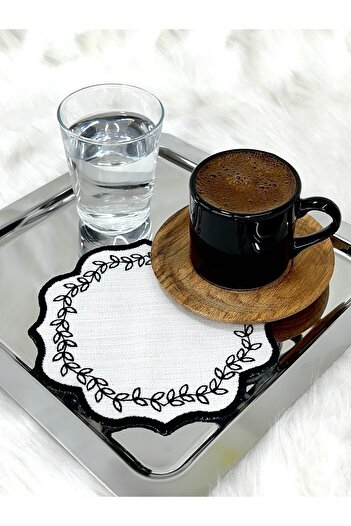 Mora Tekstil Leaf Embroidered Coffee Coaster, Presentation Napkin, Coffee Side Napkin, 6-Piece Cocktail Napkin, Coaster
