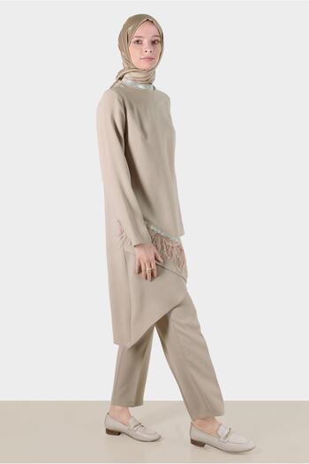 Alvina Stone and Feather Detailed Double Pants Set - 30204