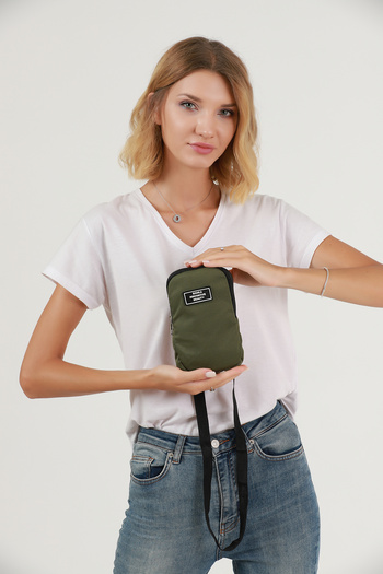 SHAKA Khaki Green U32 Single Zipper Compartment Adjustable Strap Canvas Fabric Unisex Phone Holder Wallet Bag