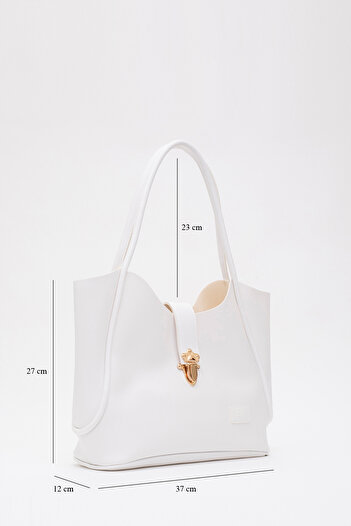SHAKA Shk126 Model White Artificial Leather - Lock Detailed Makeup Bag, Hand and Shoulder Bag, L:27 E:37 W:12 cm