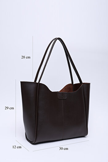 SHAKA Shk76 Model Brown Color Faux Leather - Large Size Women's Makeup Bag with Wick Strap and Snap Fasteners