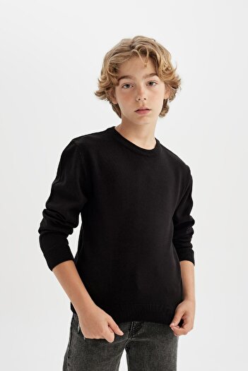 DeFacto Boy's Black Crew Neck Basic Plain Knitwear Sweater 25K 801004263