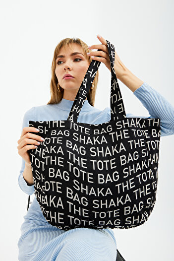 SHAKA Black U50 Snap Closure The Tote Bag Printed Canvas Fabric Daily Women's Shoulder Bag U:35