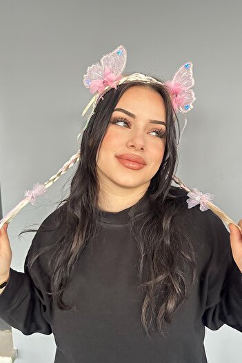TAKIŞTIR Pink Color Butterfly Figured Knitted Detailed Children's Crown
