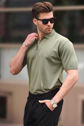 Madmext Polo Neck Khaki Knitwear T-Shirt - Zipper Detailed 6885