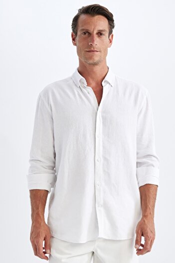 DeFacto Relax Fit Polo Linen Blended Cotton Basic D Long Sleeve Shirt C1106Ax24Sm