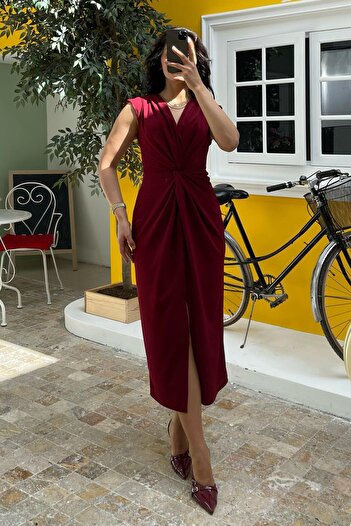 Madmext Burgundy Slit Detailed Double Breasted Collar Women's Dress Mg2417
