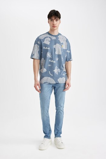 DeFacto Comfort Regular Fit Зручний крій Велосипедний комір з принтом Короткий рукав Футболка C3488AX24SP