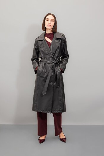 DeFacto Faux Leather Water Repellent Trench Coat - Double Breasted Neckline, Button Belt, Pocket A7960Ax24Au