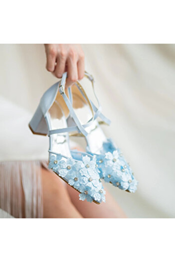 EYLÜL SHOES 35 BEBE MAVİSİ SATEN İŞLEMELİ ŞIK ABİYE AYAKKABI
