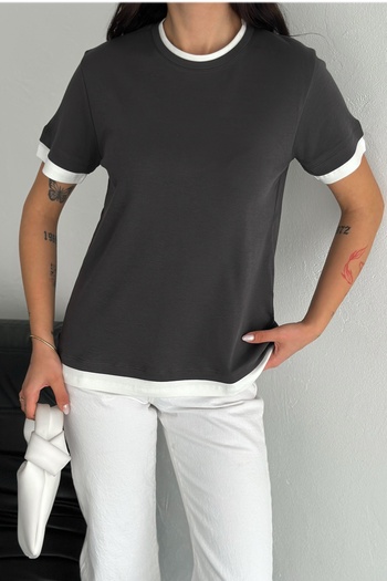 FEMELLE Women's Anthracite Round Neck Stripe Detailed 100% Cotton T-Shirt