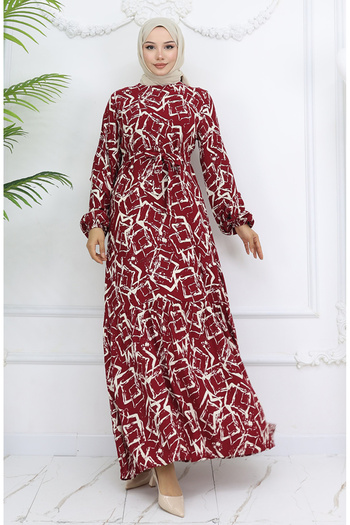 sefamerve Viscose Fabric Elastic Sleeve Dress 2006-01 Claret Red