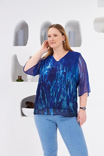 RMG Lined Large Size Chiffon Blouse Navy Blue
