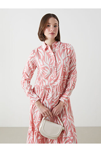 LC Waikiki Classic Pink Shirt Collar Patterned A-Line Women's Dress