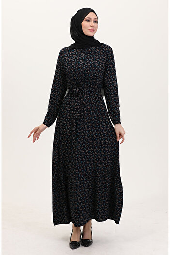 sefamerve Viscose Fabric Half Button Patterned Dress 4069-01 Navy Blue