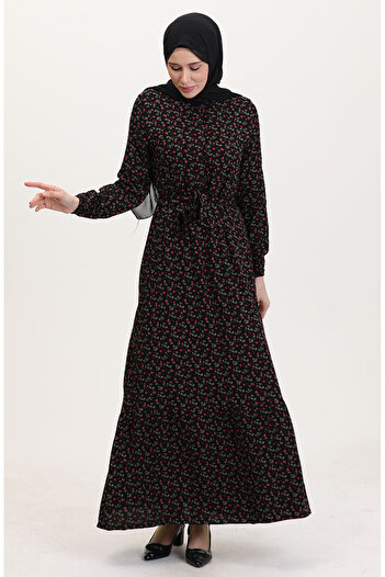 sefamerve Viscose Fabric Half Button Patterned Dress 4069-04 Black