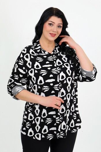 By Alba Collection Women's Black Patterned Cotton Viscose Large Size Shirt