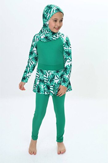 ZAYA Girl's Leaf Patterned Quick Drying 3 Piece, Hijab, Skirted Closed Swimsuit
