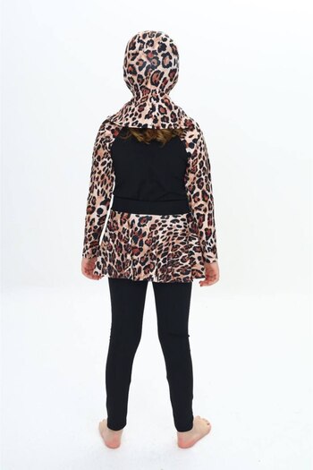 ZAYA Girl's Leopard Patterned Quick Drying 3 Piece, Hijab, Skirted Closed Swimsuit