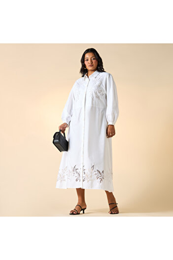Ulla Popken Plus Size Ulla Popken Embroidered Midi Shirt Dress