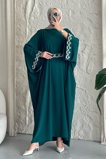 InStyle Πέτρινη ζώνη με νυχτερίδα μανίκι Emerald Green Abaya