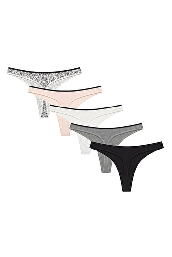 Penti Chiloți tanga multicolori din 5 piese cu flori simple